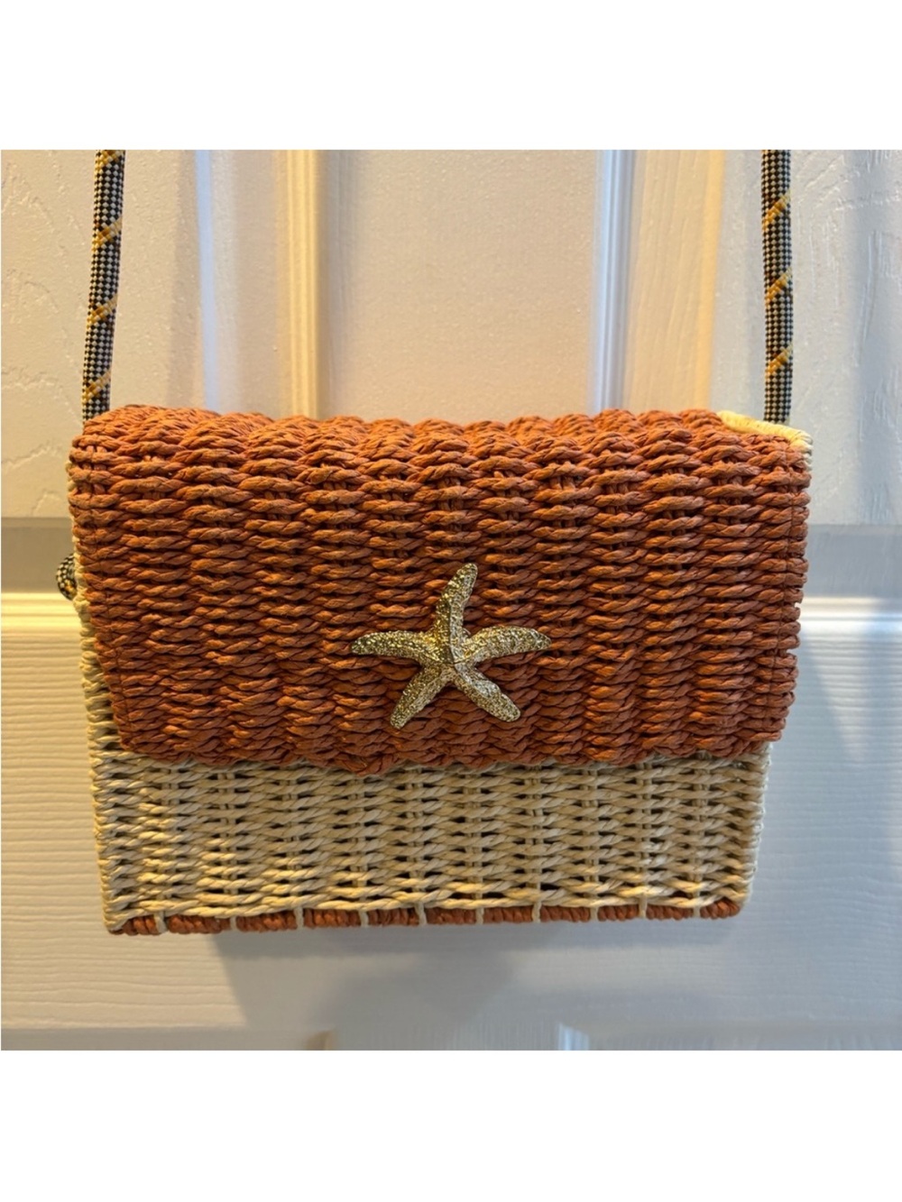 Sun and Sand Woven Two-Tone Straw Crossbody Bag with Starfish Accent